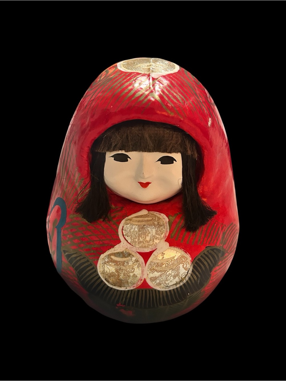 Vintage Hime-Daruma (Princess Daruma) Doll With Silk Thread Hair, 9 Inch